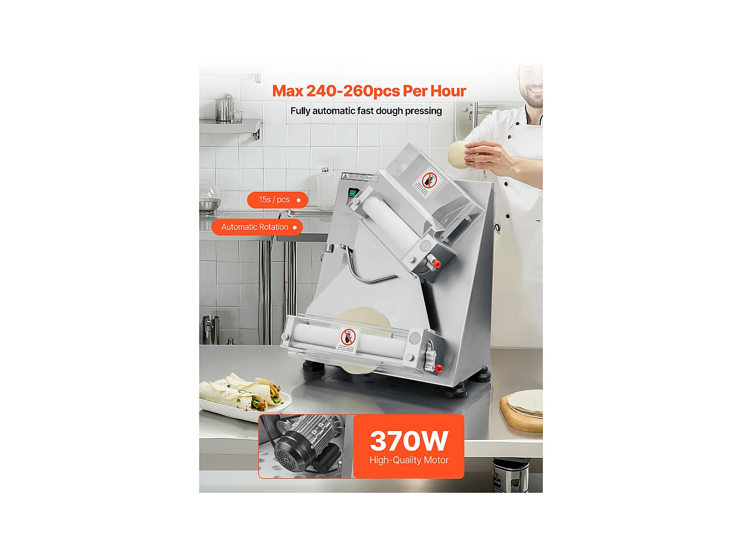 Formarka do Pizzy SucceBuy, 7,6 do 35,5 cm, Elektryczna Komercyjna Prasa do Ciasta 370 W, 260 Arkuszy na Godzinę, Automatyczna Walcarka do Ciasta na Pizzę