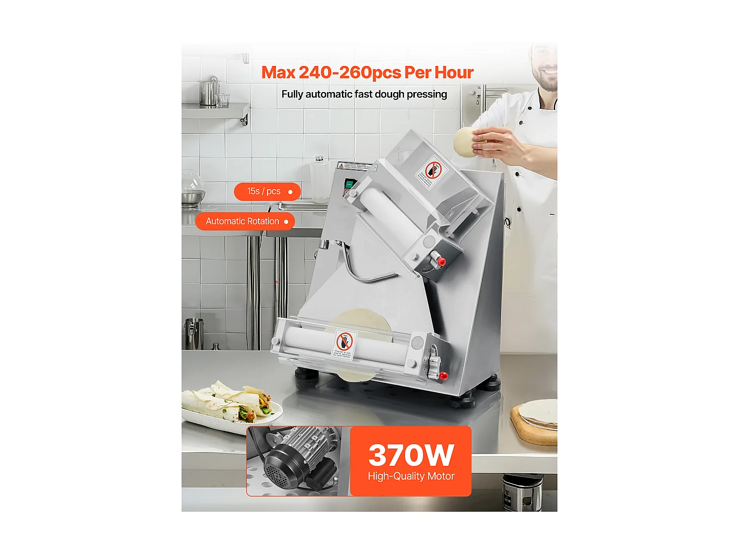 Formarka do Pizzy SucceBuy, 7,6 do 35,5 cm, Elektryczna Komercyjna Prasa do Ciasta 370 W, 260 Arkuszy na Godzinę, Automatyczna Walcarka do Ciasta na Pizzę