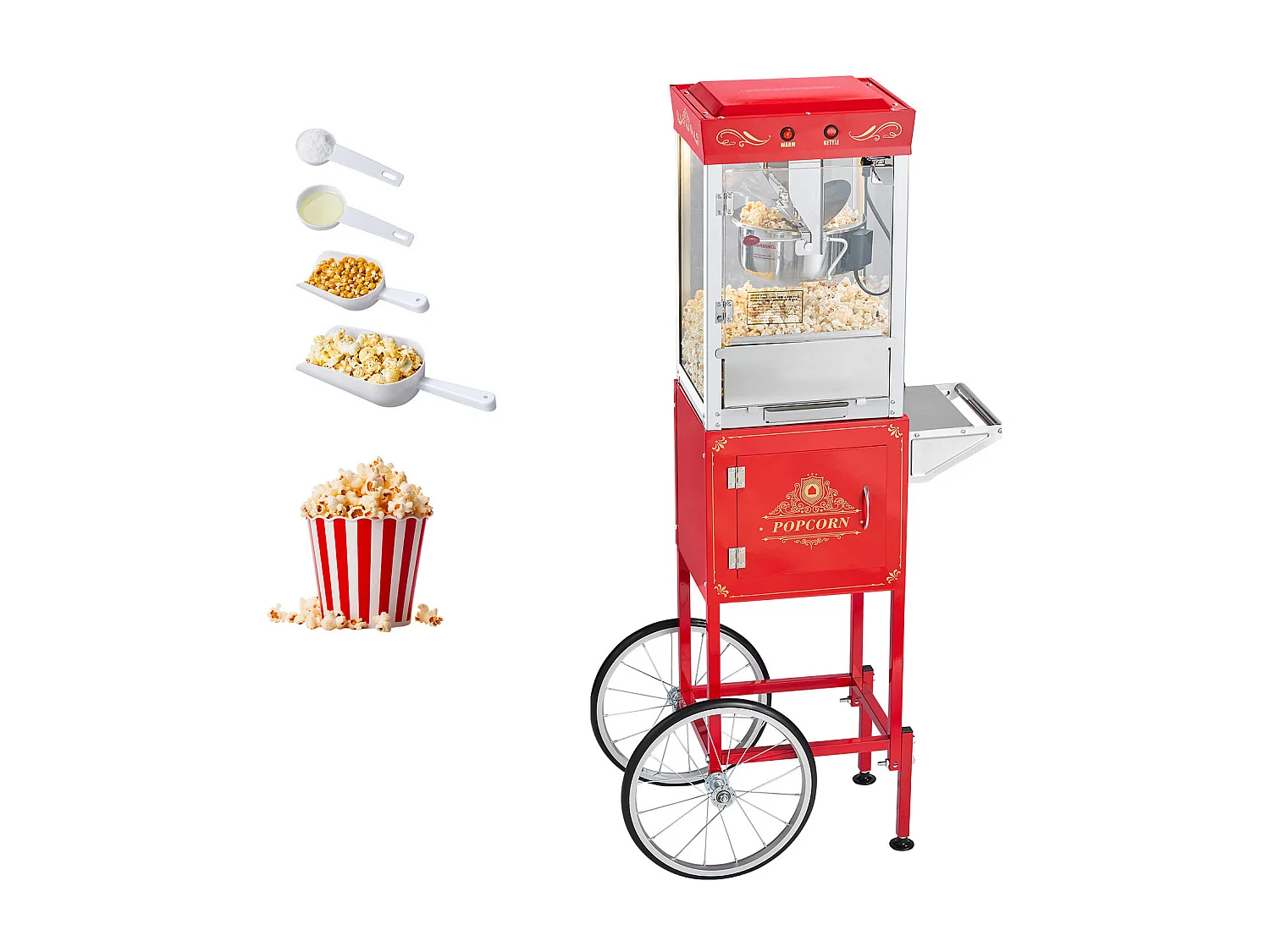 Popcornmachine SucceBuy met Wagen, Popcornmaker 800 W, Grote RVS Kom 0,2 kg, 48 Kopjes per Batch, met 2-Knops Bediening, Glas Wand