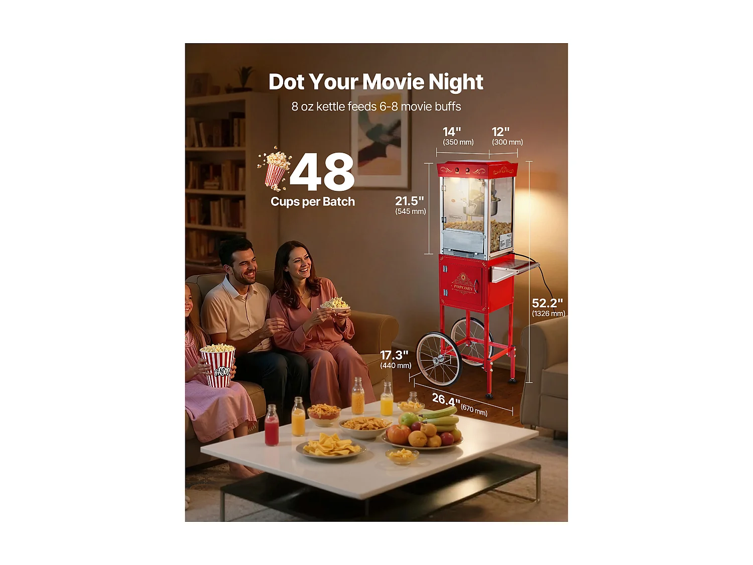 Popcornmachine SucceBuy met Wagen, Popcornmaker 800 W, Grote RVS Kom 0,2 kg, 48 Kopjes per Batch, met 2-Knops Bediening, Glas Wand