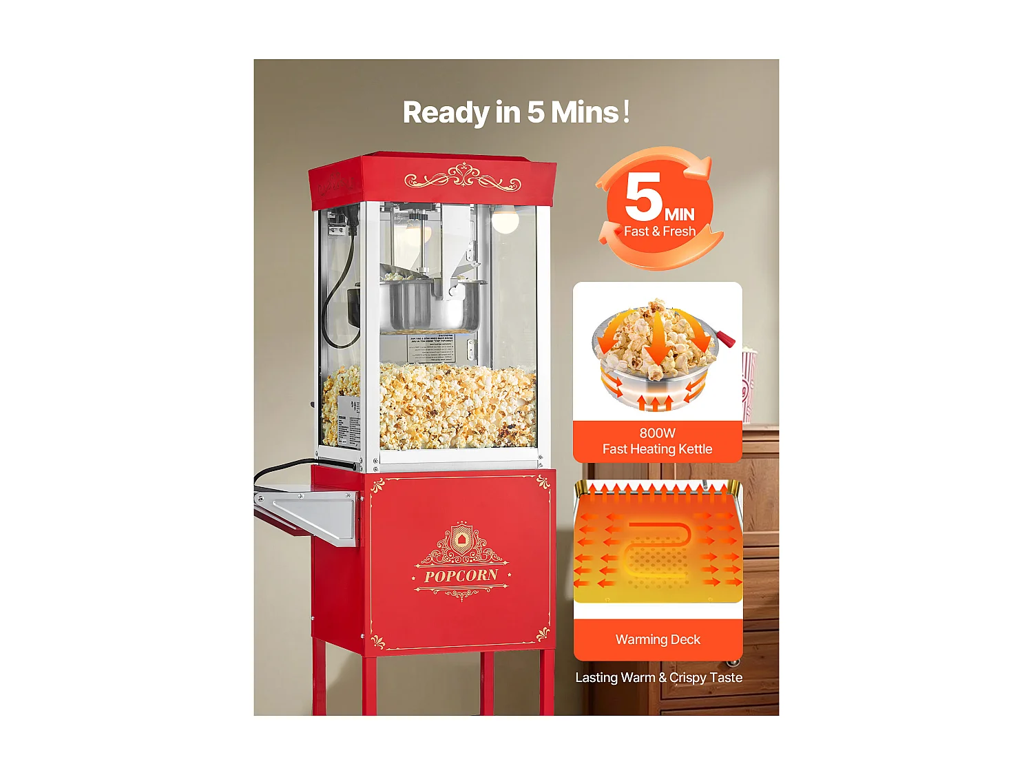 Popcornmachine SucceBuy met Wagen, Popcornmaker 800 W, Grote RVS Kom 0,2 kg, 48 Kopjes per Batch, met 2-Knops Bediening, Glas Wand
