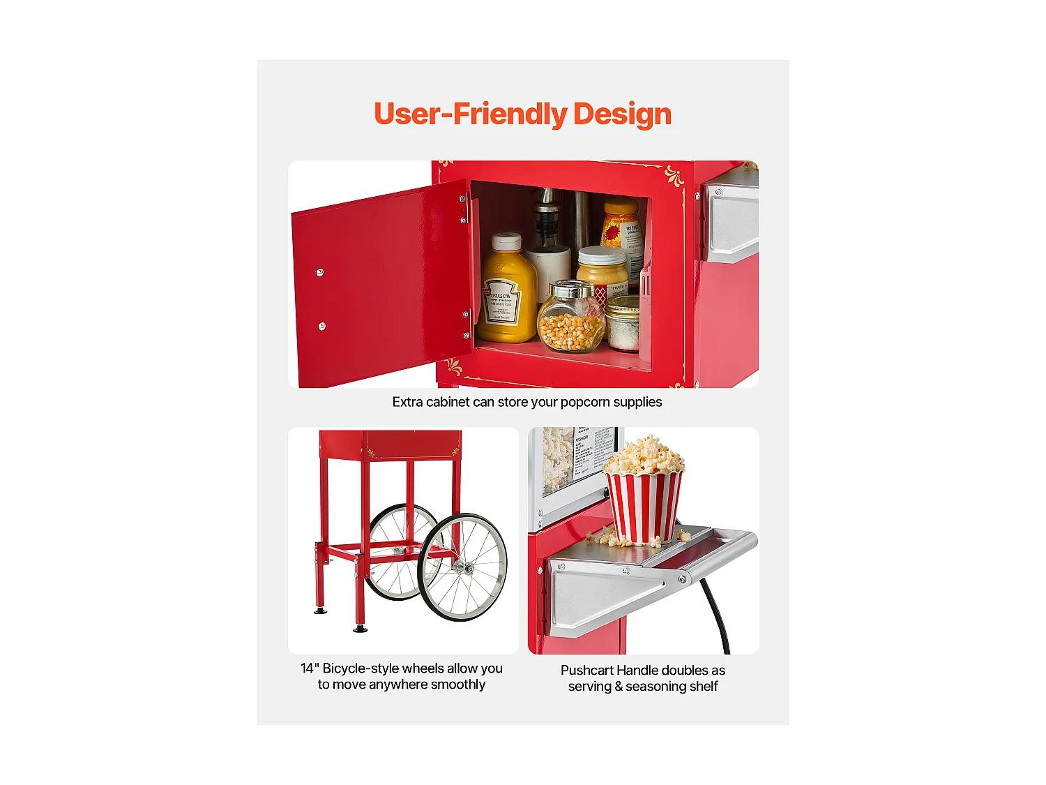 Popcornmachine SucceBuy met Wagen, Popcornmaker 800 W, Grote RVS Kom 0,2 kg, 48 Kopjes per Batch, met 2-Knops Bediening, Glas Wand