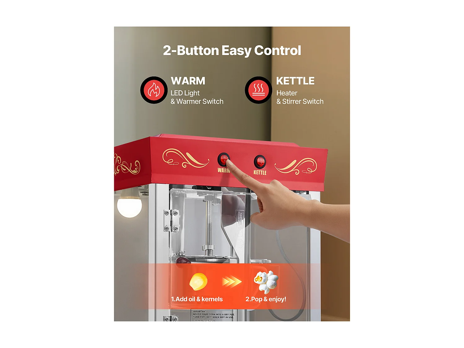 Popcornmachine SucceBuy met Wagen, Popcornmaker 800 W, Grote RVS Kom 0,2 kg, 48 Kopjes per Batch, met 2-Knops Bediening, Glas Wand