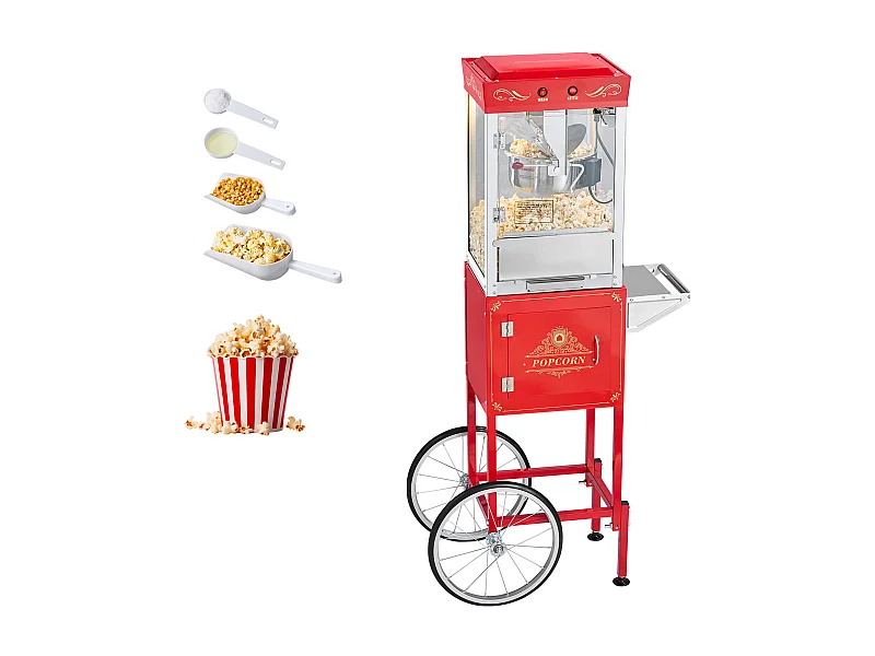 Popcornmachine SucceBuy met Wagen, Popcornmaker 800 W, Grote RVS Kom 0,2 kg, 48 Kopjes per Batch, met 2-Knops Bediening, Glas Wand