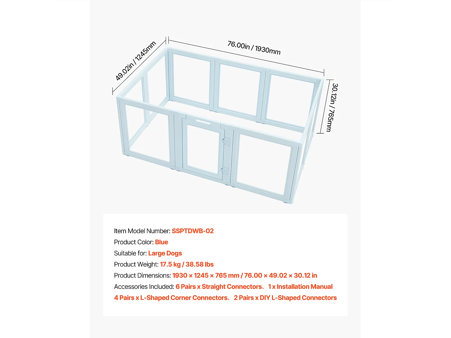 Kraamhok voor Honden SucceBuy, 193 x 124,5 x 76,5 Cm, Kraamhok voor Puppy's, met Transparante Ramen en Slot, Frame in Blauw