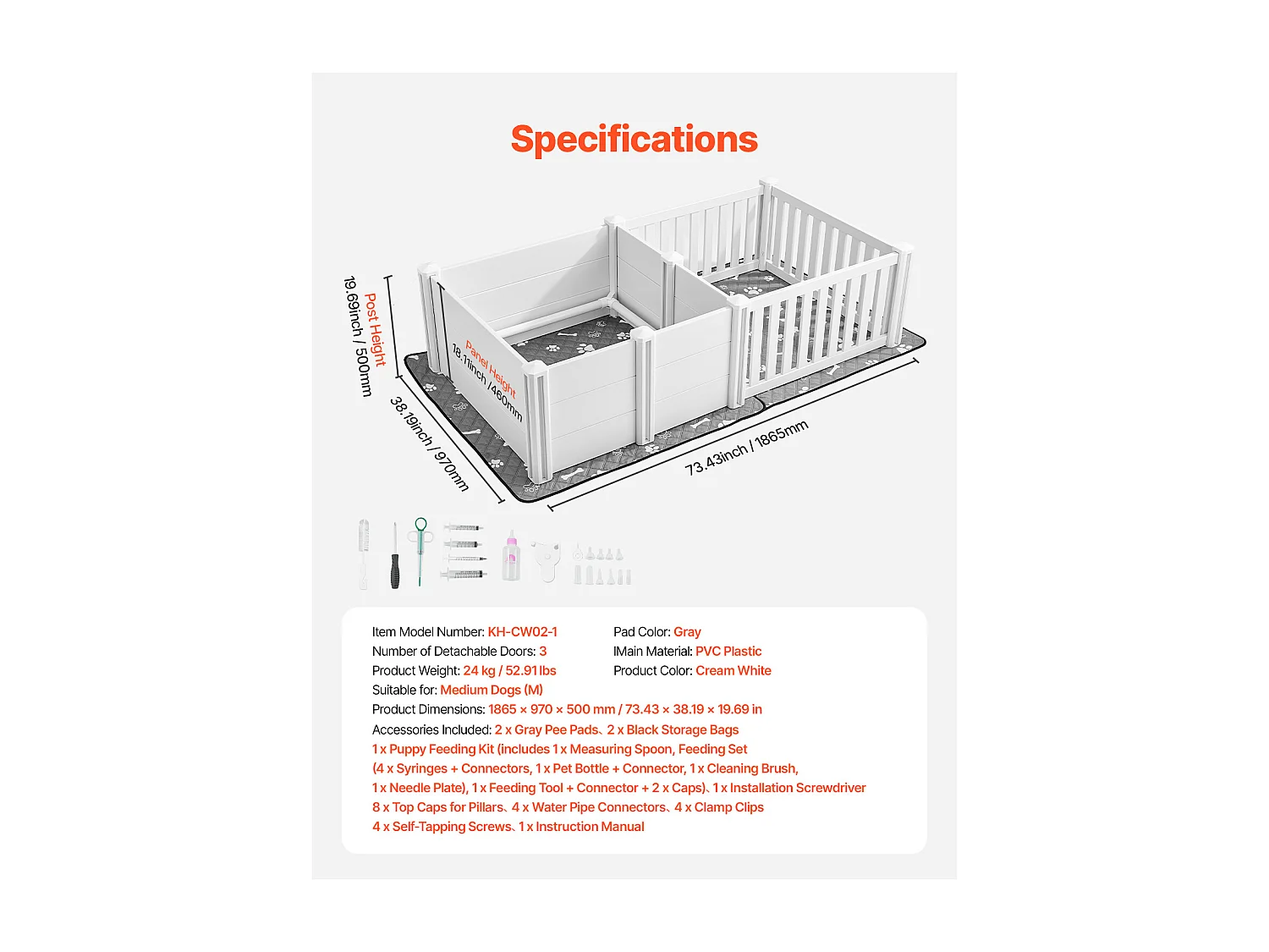 Parque de Parto SucceBuy para Perro, 186,5x97x50 cm, Caja de Parto para Cachorros, con Puerta de Altura Ajustable, Caja de Parto de Plástico PVC