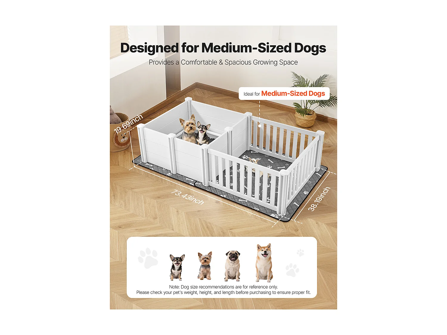 Parque de Parto SucceBuy para Perro, 186,5x97x50 cm, Caja de Parto para Cachorros, con Puerta de Altura Ajustable, Caja de Parto de Plástico PVC
