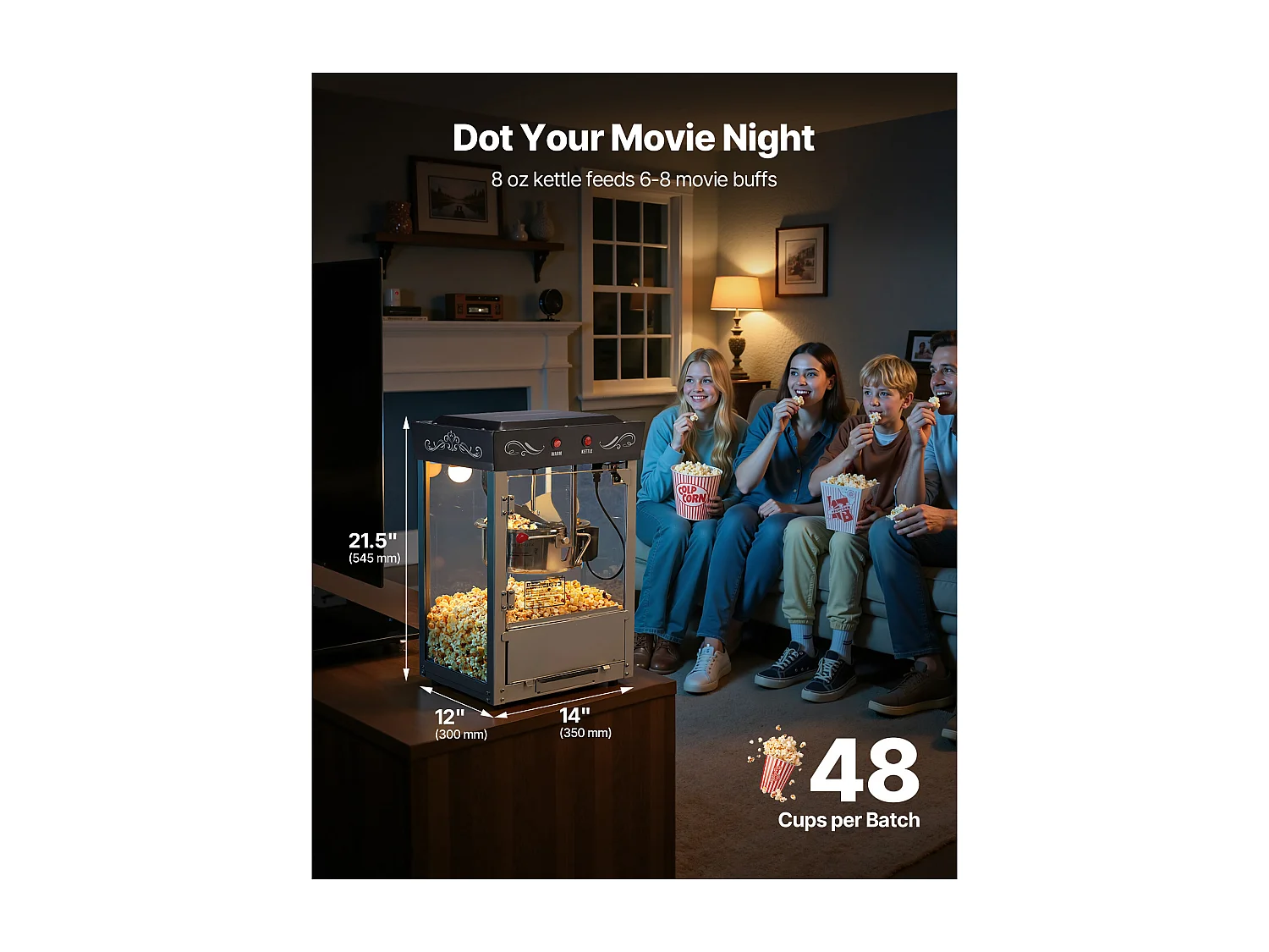 Popcornmachine SucceBuy Countertop, Popcornmaker 800 W, Grote RVS Kom 0,2 kg, 48 Kopjes per Batch, met 2-Knops Bediening, Glas Wand