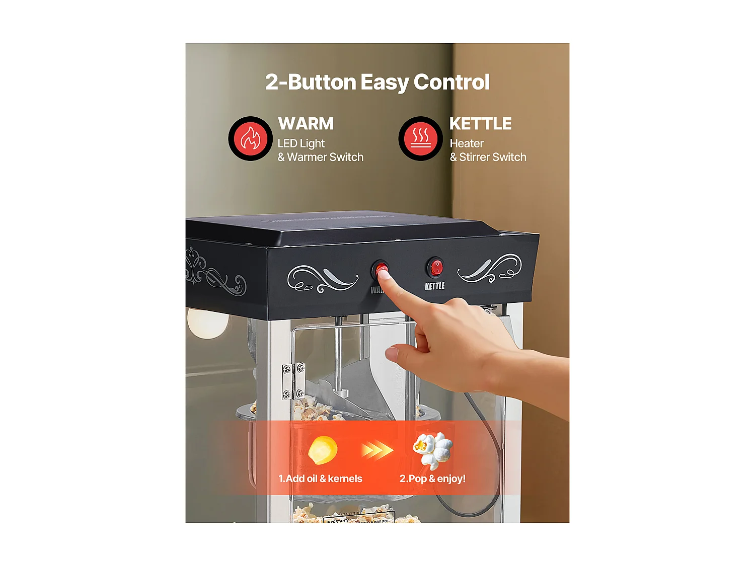 Popcornmachine SucceBuy Countertop, Popcornmaker 800 W, Grote RVS Kom 0,2 kg, 48 Kopjes per Batch, met 2-Knops Bediening, Glas Wand