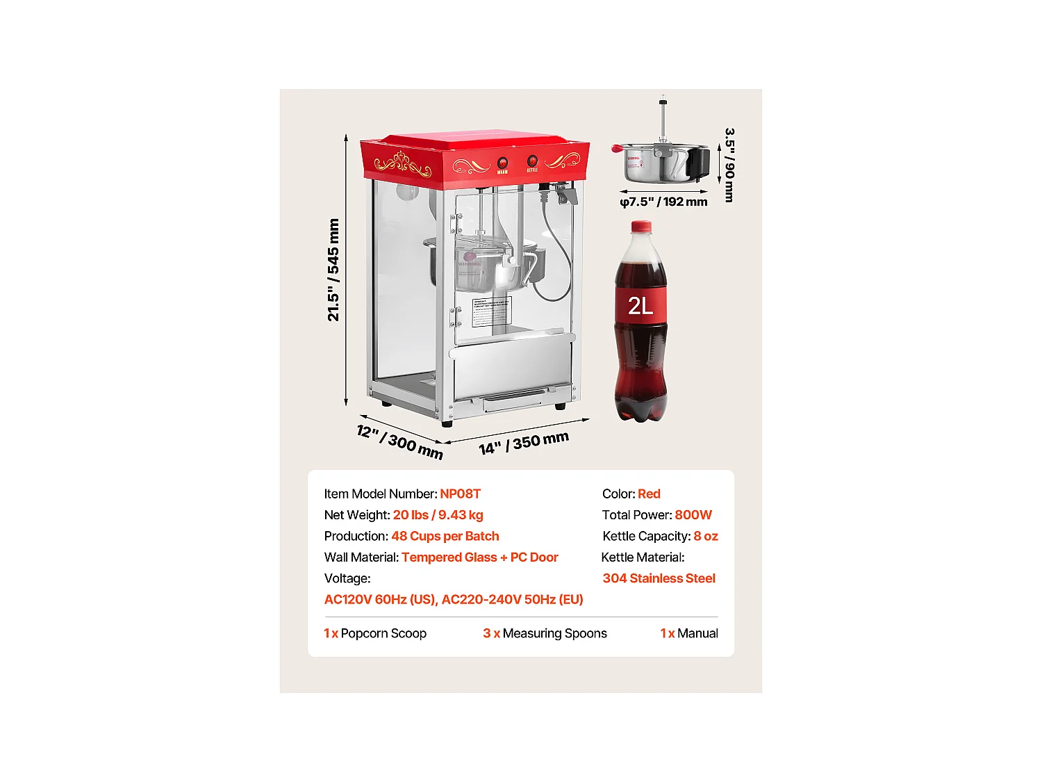 Maszyna do Popcornu SucceBuy Blatowa, Eksplodująca do Kukurydzy 800 W, Duża Miska ze Stali Nierdzewnej 0,2 kg, 48 Filiżanek na Partię,  Ściana Szklana
