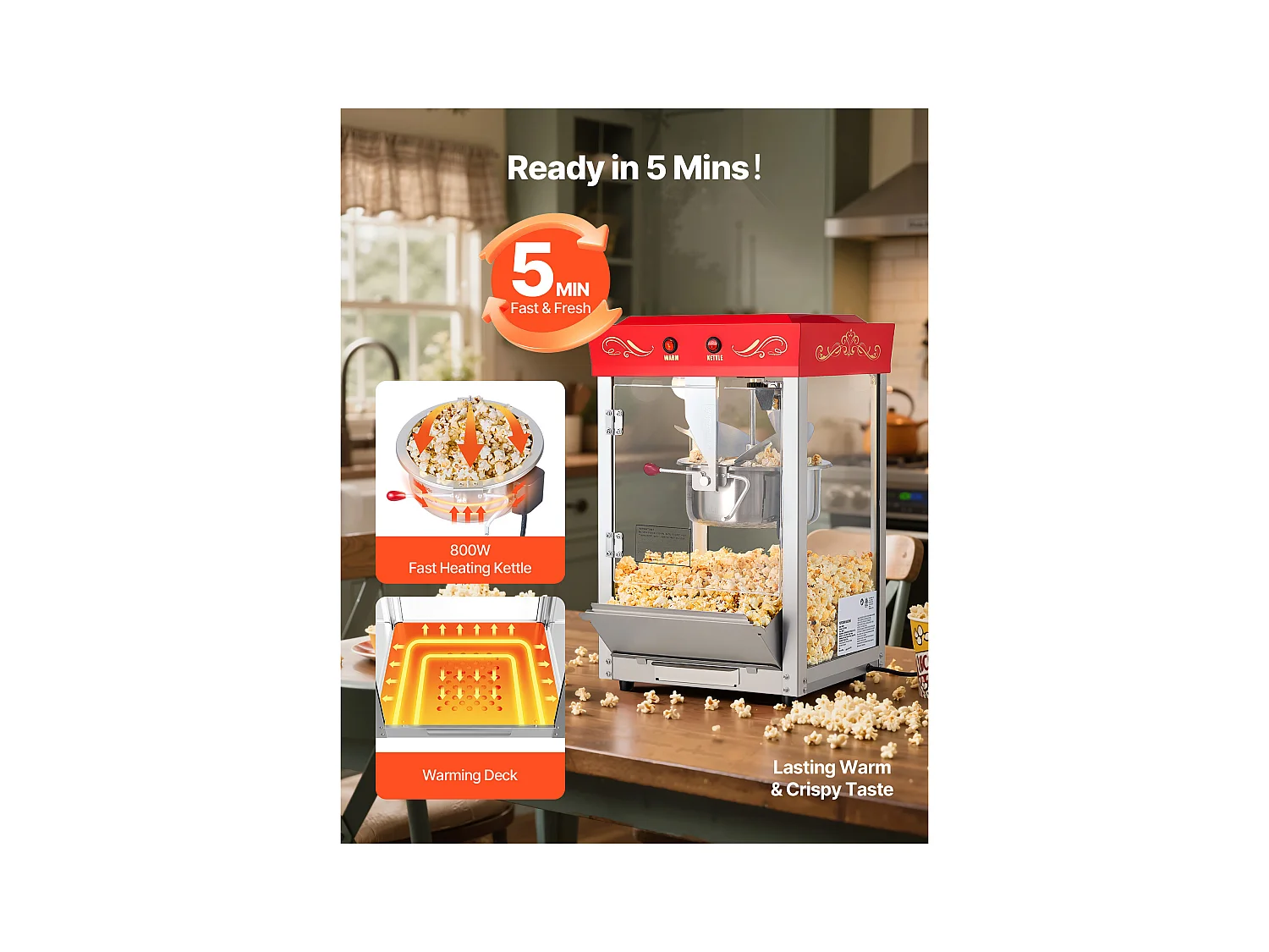 Maszyna do Popcornu SucceBuy Blatowa, Eksplodująca do Kukurydzy 800 W, Duża Miska ze Stali Nierdzewnej 0,2 kg, 48 Filiżanek na Partię,  Ściana Szklana