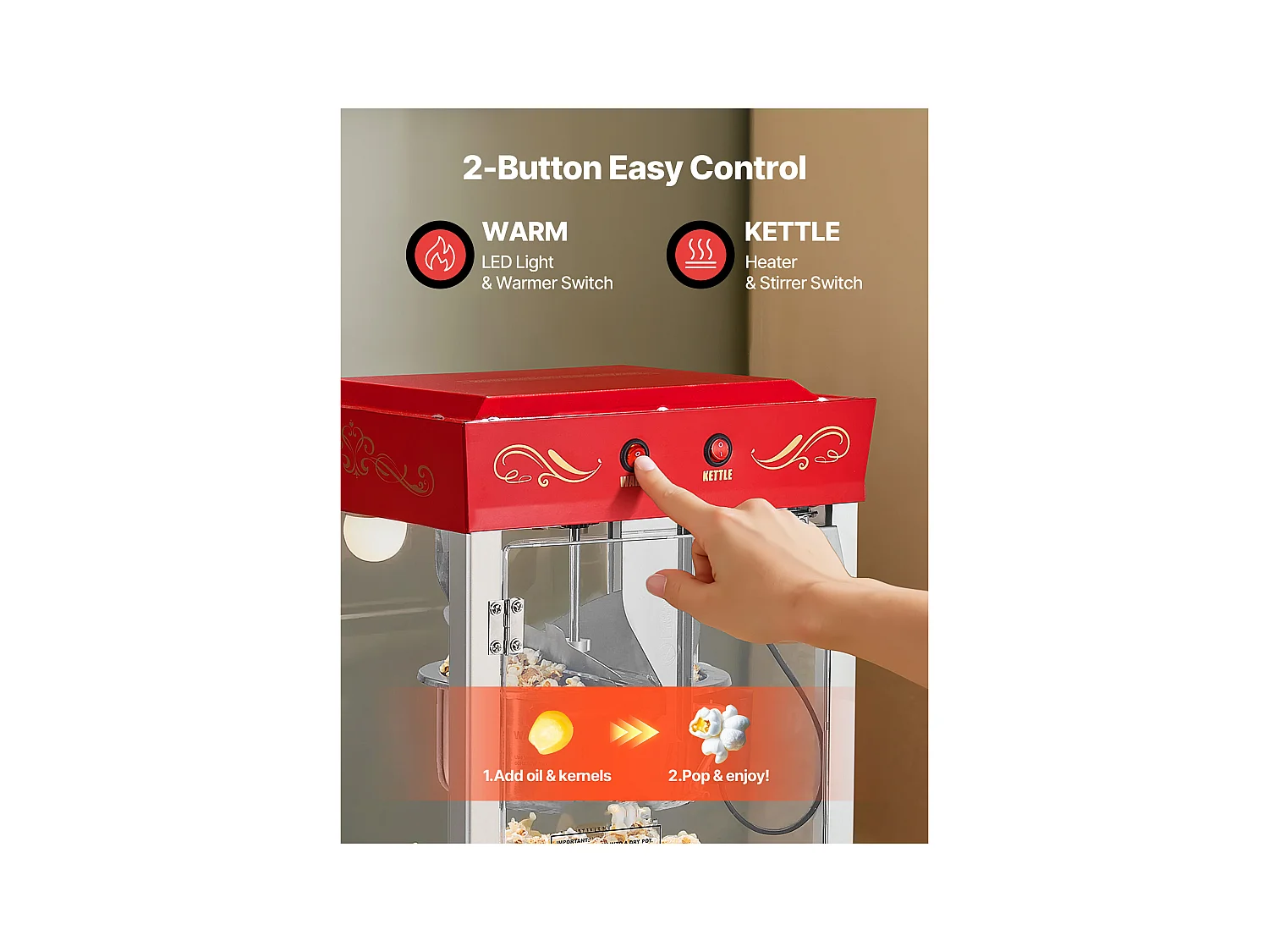 Maszyna do Popcornu SucceBuy Blatowa, Eksplodująca do Kukurydzy 800 W, Duża Miska ze Stali Nierdzewnej 0,2 kg, 48 Filiżanek na Partię,  Ściana Szklana