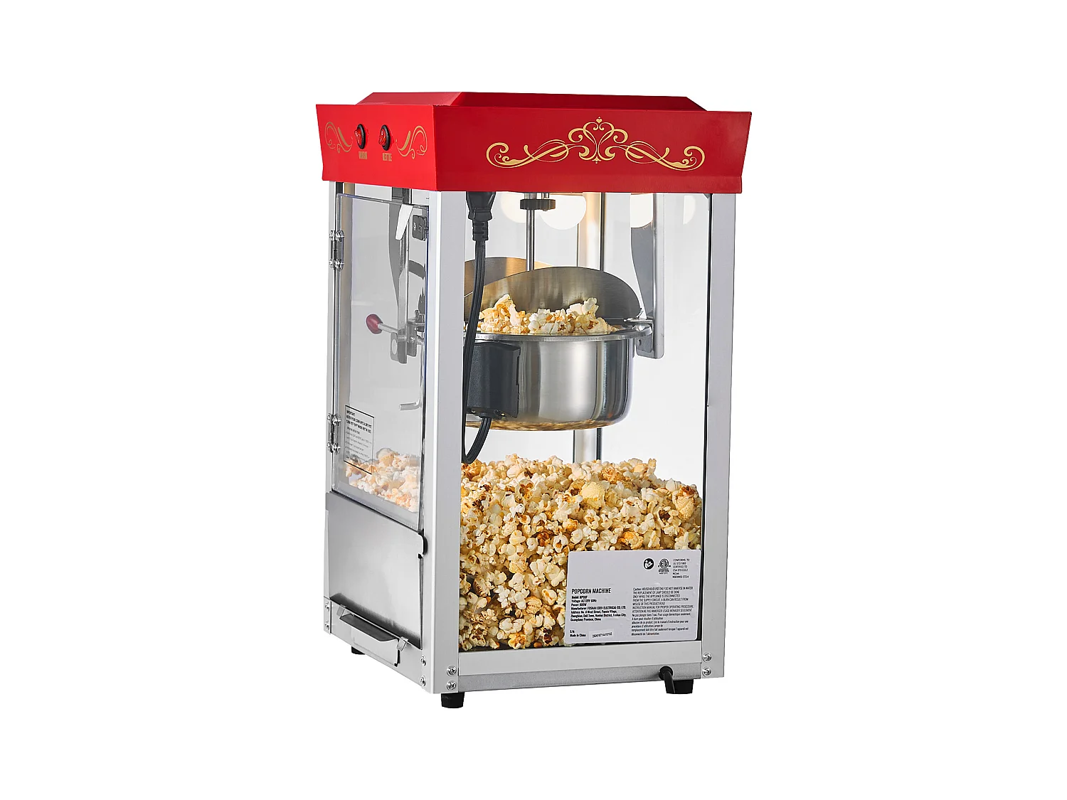 Maszyna do Popcornu SucceBuy Blatowa, Eksplodująca do Kukurydzy 800 W, Duża Miska ze Stali Nierdzewnej 0,2 kg, 48 Filiżanek na Partię,  Ściana Szklana