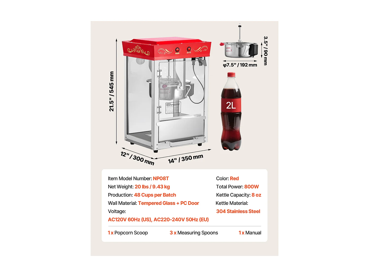 Máquina de Pipoca SucceBuy de Balcão, Estourador de Milho 800 W, Grande Tigela de Aço Inoxidável 0,2 kg, 48 Chávenas por Lote, com Comando de 2 Botões