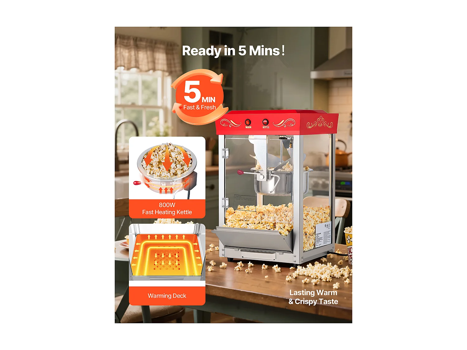 Máquina de Pipoca SucceBuy de Balcão, Estourador de Milho 800 W, Grande Tigela de Aço Inoxidável 0,2 kg, 48 Chávenas por Lote, com Comando de 2 Botões