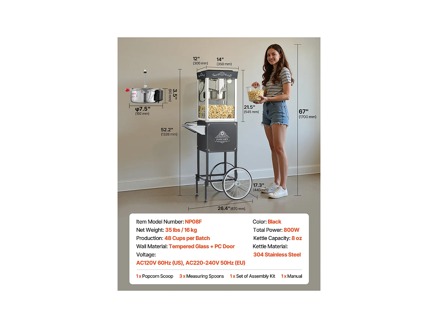 Machine à Pop Corn SucceBuy avec Chariot, Éclateur de Maïs 800 W, Grand Bol en Inox 0,2 kg, 48 Tasses par Lot, avec Commande à 2 Boutons, Paroi en Verre