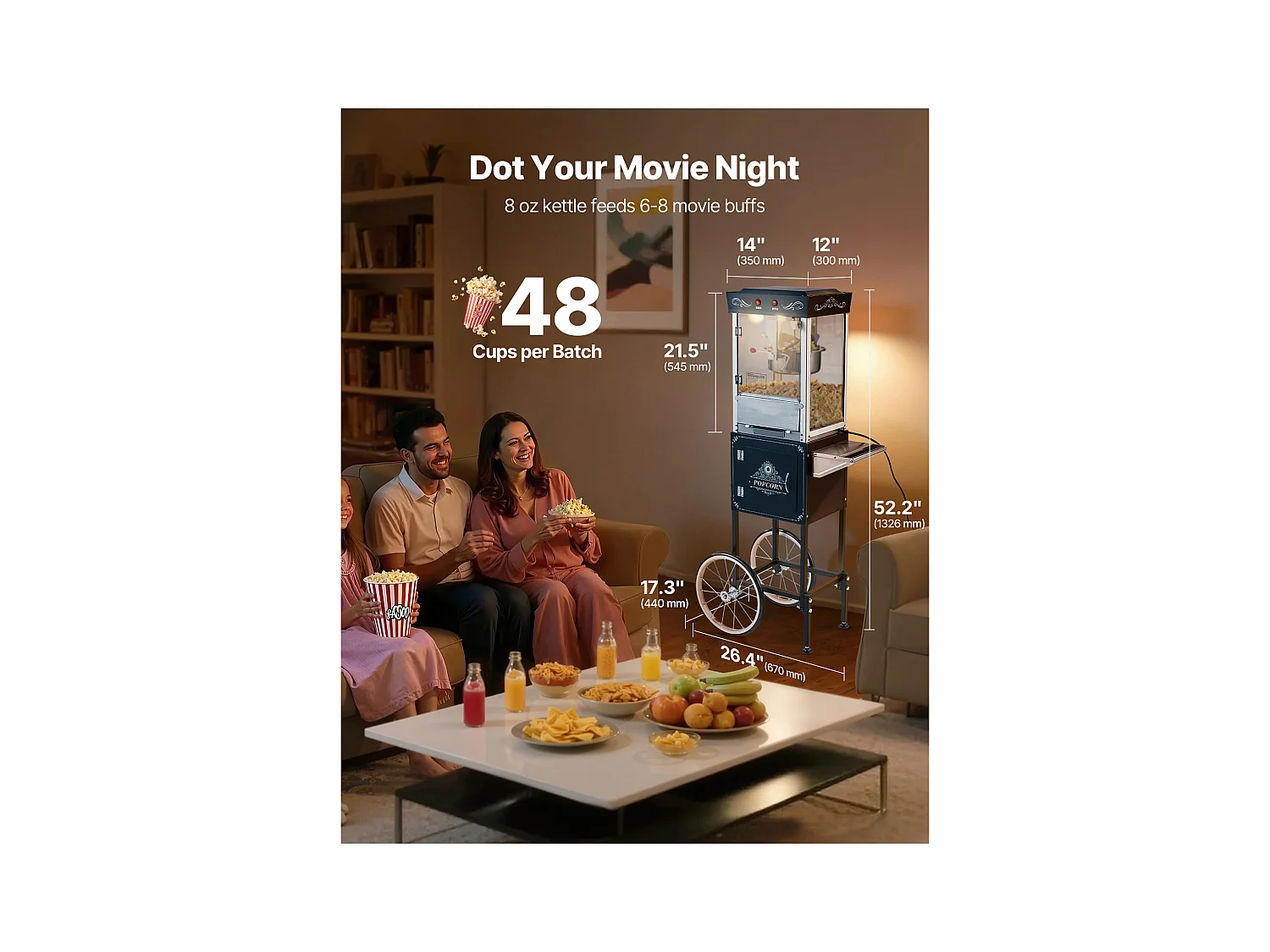 Machine à Pop Corn SucceBuy avec Chariot, Éclateur de Maïs 800 W, Grand Bol en Inox 0,2 kg, 48 Tasses par Lot, avec Commande à 2 Boutons, Paroi en Verre