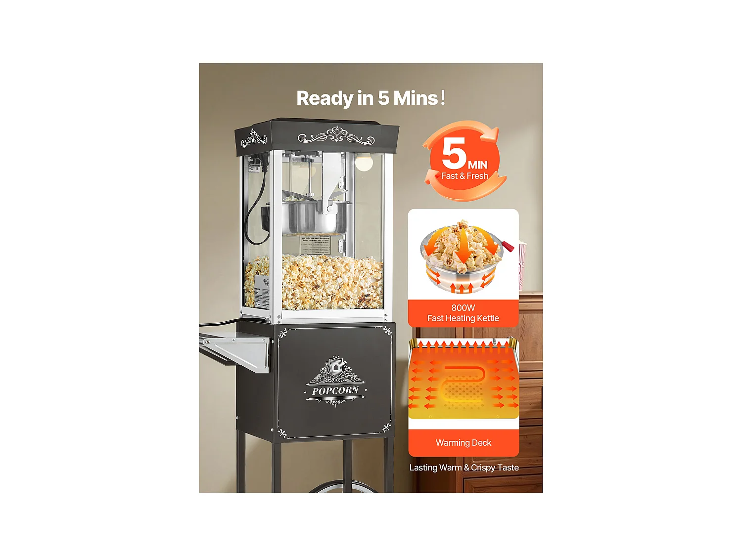 Machine à Pop Corn SucceBuy avec Chariot, Éclateur de Maïs 800 W, Grand Bol en Inox 0,2 kg, 48 Tasses par Lot, avec Commande à 2 Boutons, Paroi en Verre