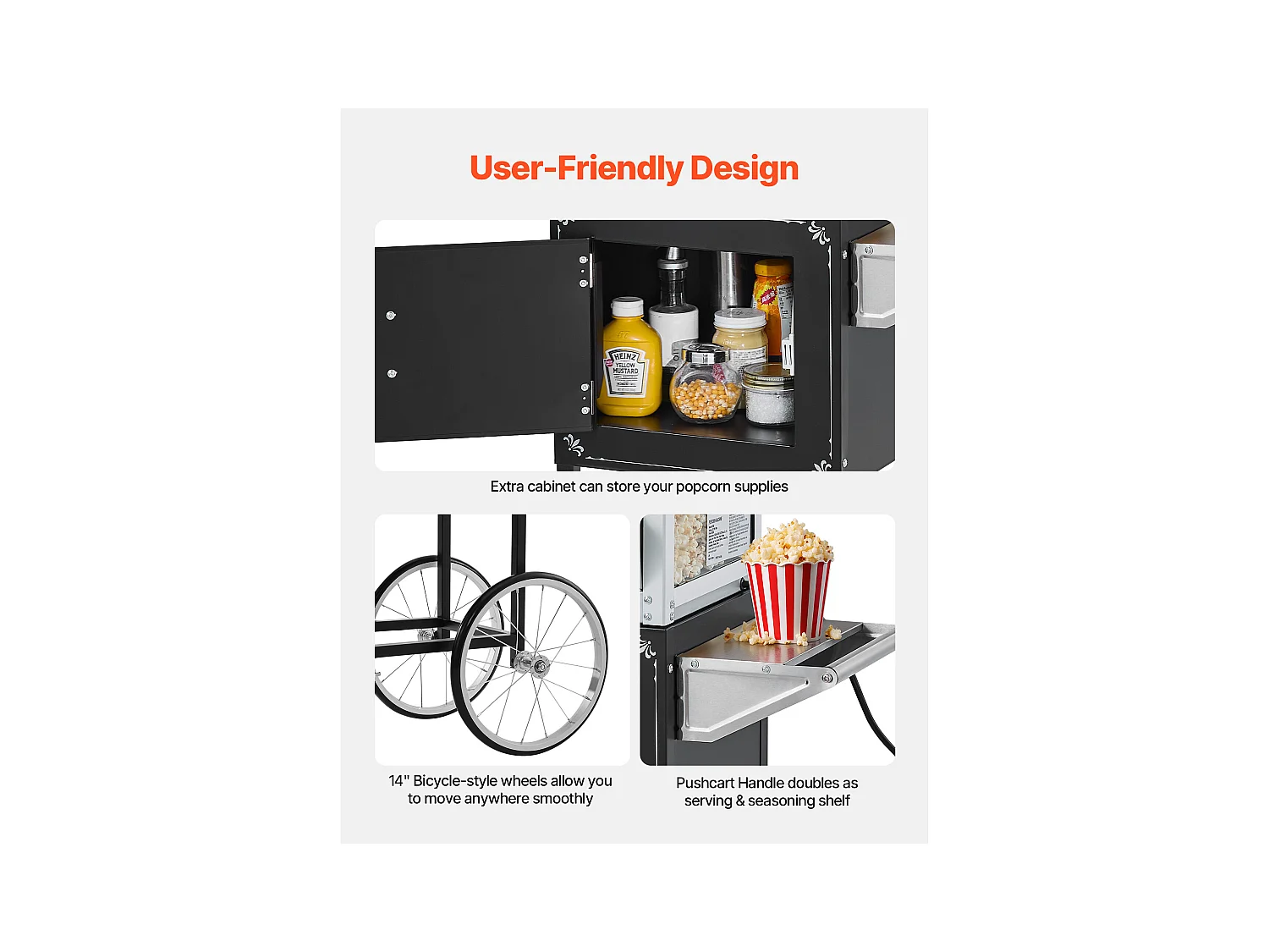 Machine à Pop Corn SucceBuy avec Chariot, Éclateur de Maïs 800 W, Grand Bol en Inox 0,2 kg, 48 Tasses par Lot, avec Commande à 2 Boutons, Paroi en Verre