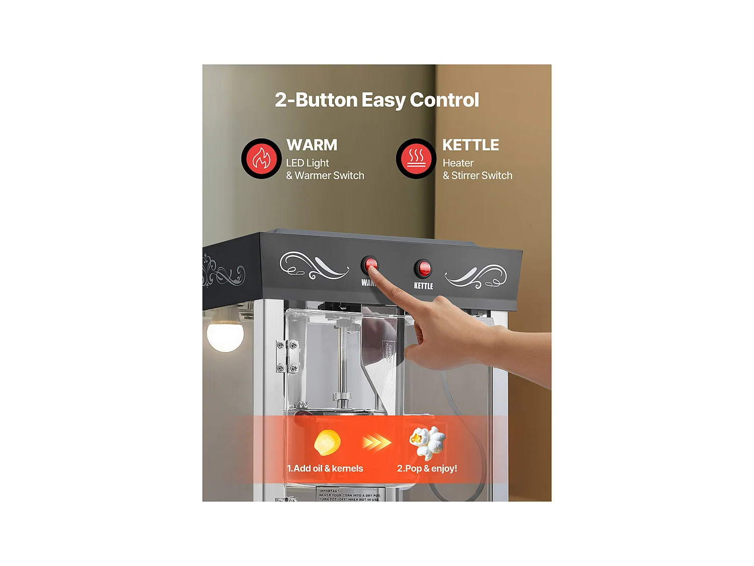 Machine à Pop Corn SucceBuy avec Chariot, Éclateur de Maïs 800 W, Grand Bol en Inox 0,2 kg, 48 Tasses par Lot, avec Commande à 2 Boutons, Paroi en Verre