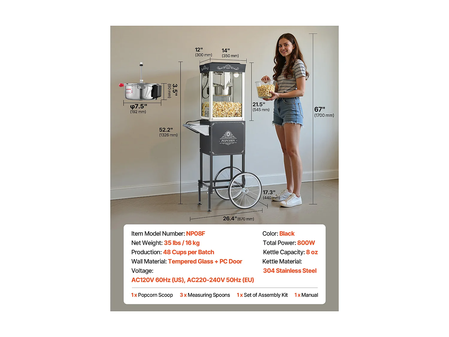 Máquina de Palomitas SucceBuy con Carrito, Palomera 800 W, Gran Cuenco de Acero Inoxidable 0,2 kg, 48 Tazas por Lote, con Control de 2 Botones, Pared de Vidrio