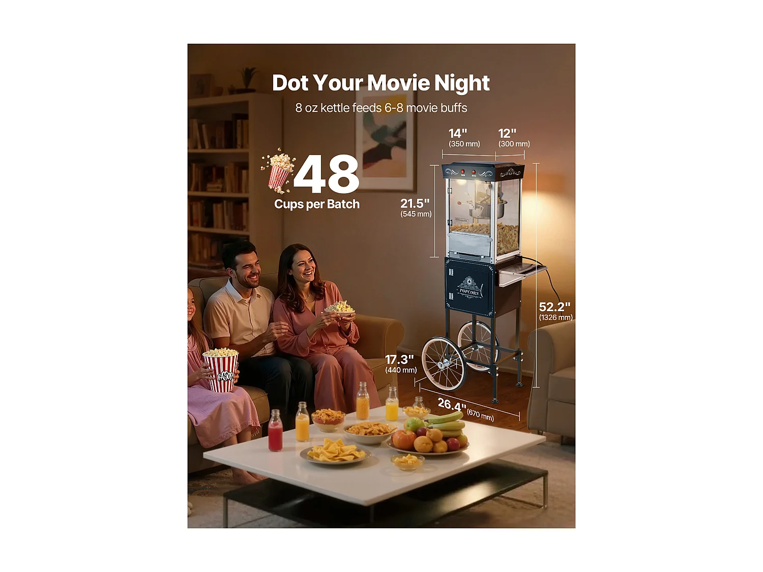 Máquina de Palomitas SucceBuy con Carrito, Palomera 800 W, Gran Cuenco de Acero Inoxidable 0,2 kg, 48 Tazas por Lote, con Control de 2 Botones, Pared de Vidrio