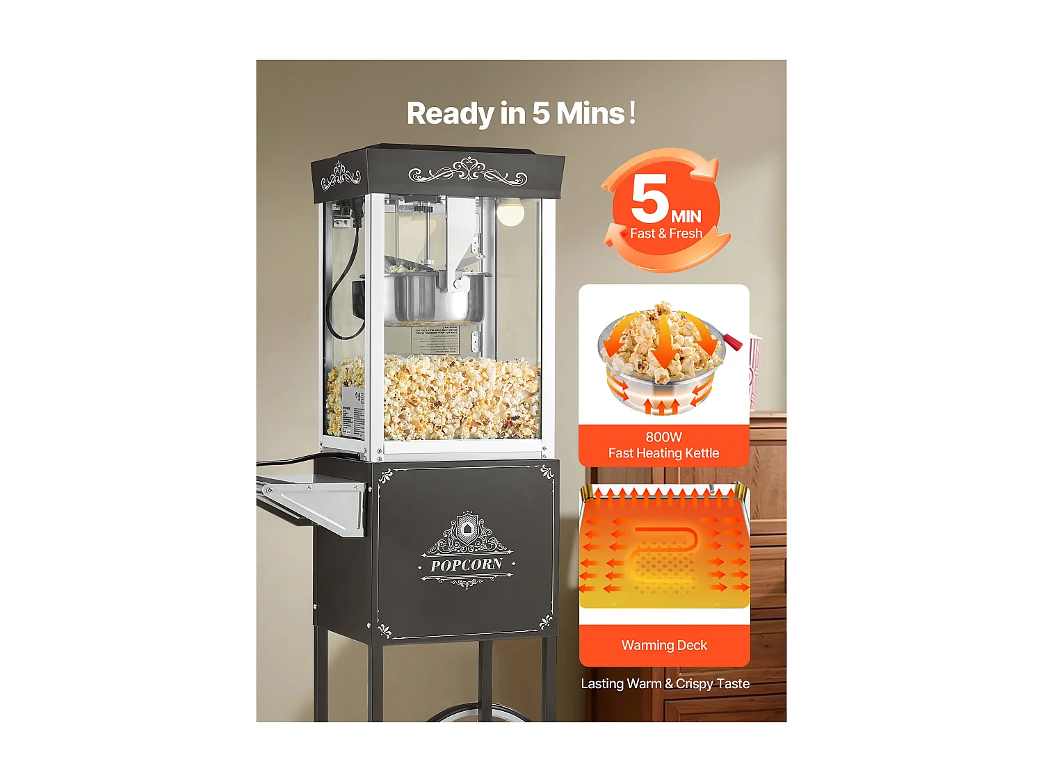 Máquina de Palomitas SucceBuy con Carrito, Palomera 800 W, Gran Cuenco de Acero Inoxidable 0,2 kg, 48 Tazas por Lote, con Control de 2 Botones, Pared de Vidrio