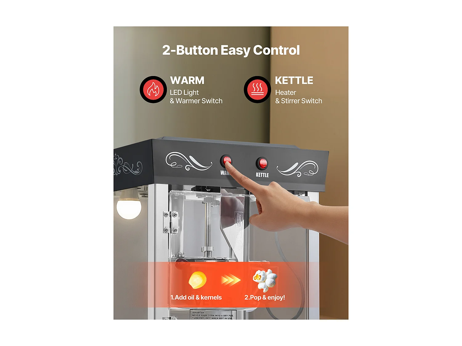 Máquina de Palomitas SucceBuy con Carrito, Palomera 800 W, Gran Cuenco de Acero Inoxidable 0,2 kg, 48 Tazas por Lote, con Control de 2 Botones, Pared de Vidrio