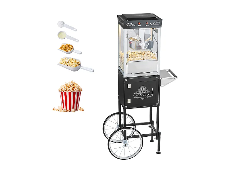 Máquina de Pipoca SucceBuy com Carrinho, Estourador de Milho 800 W, Grande Tigela de Aço Inoxidável 0,2 kg, 48 Chávenas por Lote, Parede de Vidro