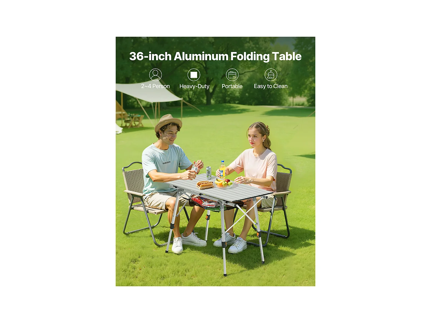 Table de Camping SucceBuy Pliante Enroulable 90x52 cm, Table d'Appoint Portable en Aluminium, avec Hauteur Réglable, Couche en Maille et Sac de Transport