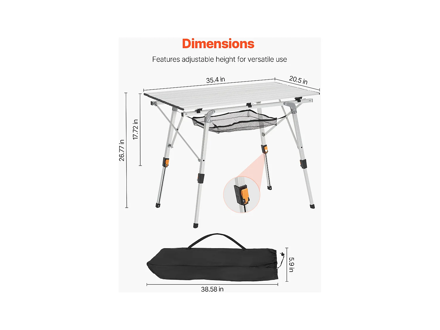 Table de Camping SucceBuy Pliante Enroulable 90x52 cm, Table d'Appoint Portable en Aluminium, avec Hauteur Réglable, Couche en Maille et Sac de Transport
