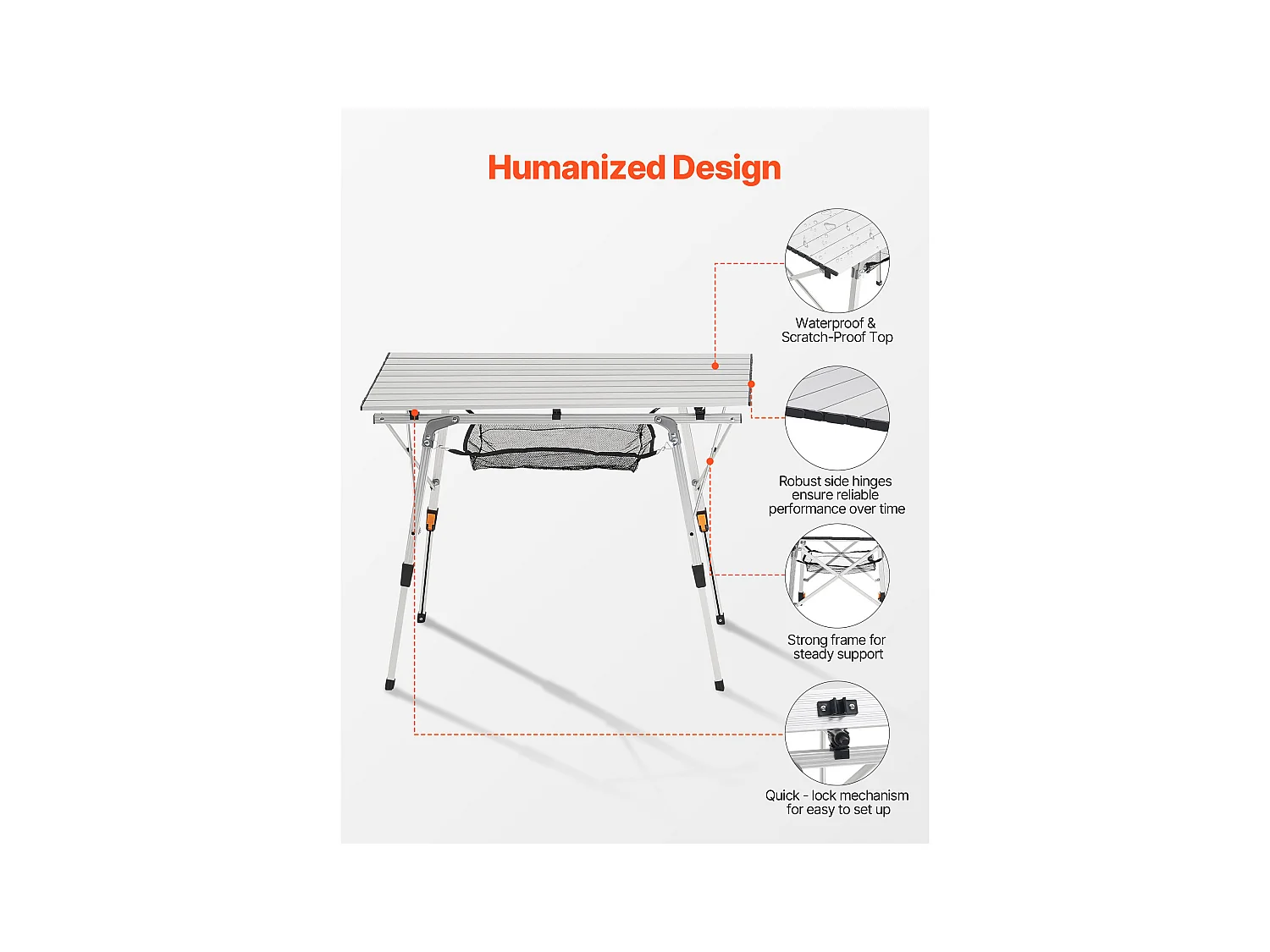 Table de Camping SucceBuy Pliante Enroulable 90x52 cm, Table d'Appoint Portable en Aluminium, avec Hauteur Réglable, Couche en Maille et Sac de Transport