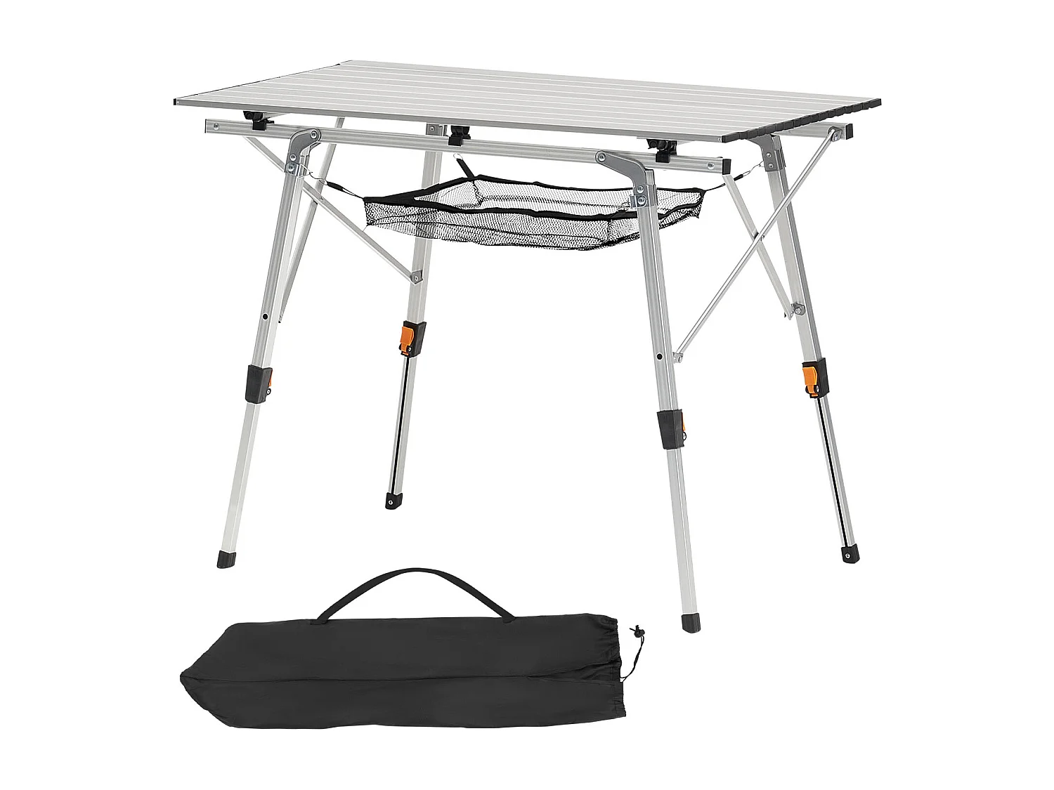 Stół Kempingowy SucceBuy Składany Zwijany 90x52 cm, Przenośny Stolik Boczny z Aluminium, z Regulowaną Wysokością, Warstwą Siatki i Torbą Transportową