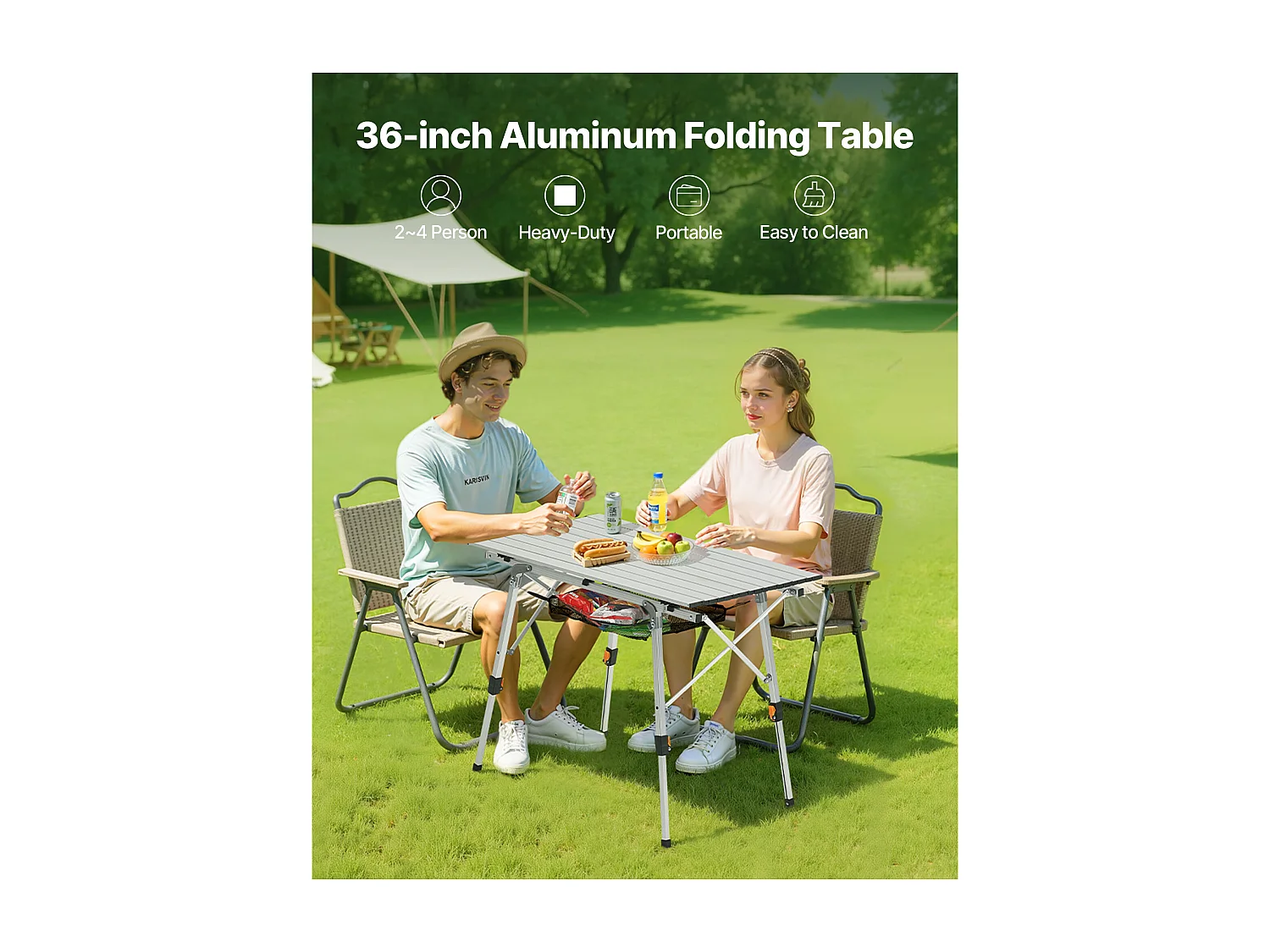 Stół Kempingowy SucceBuy Składany Zwijany 90x52 cm, Przenośny Stolik Boczny z Aluminium, z Regulowaną Wysokością, Warstwą Siatki i Torbą Transportową