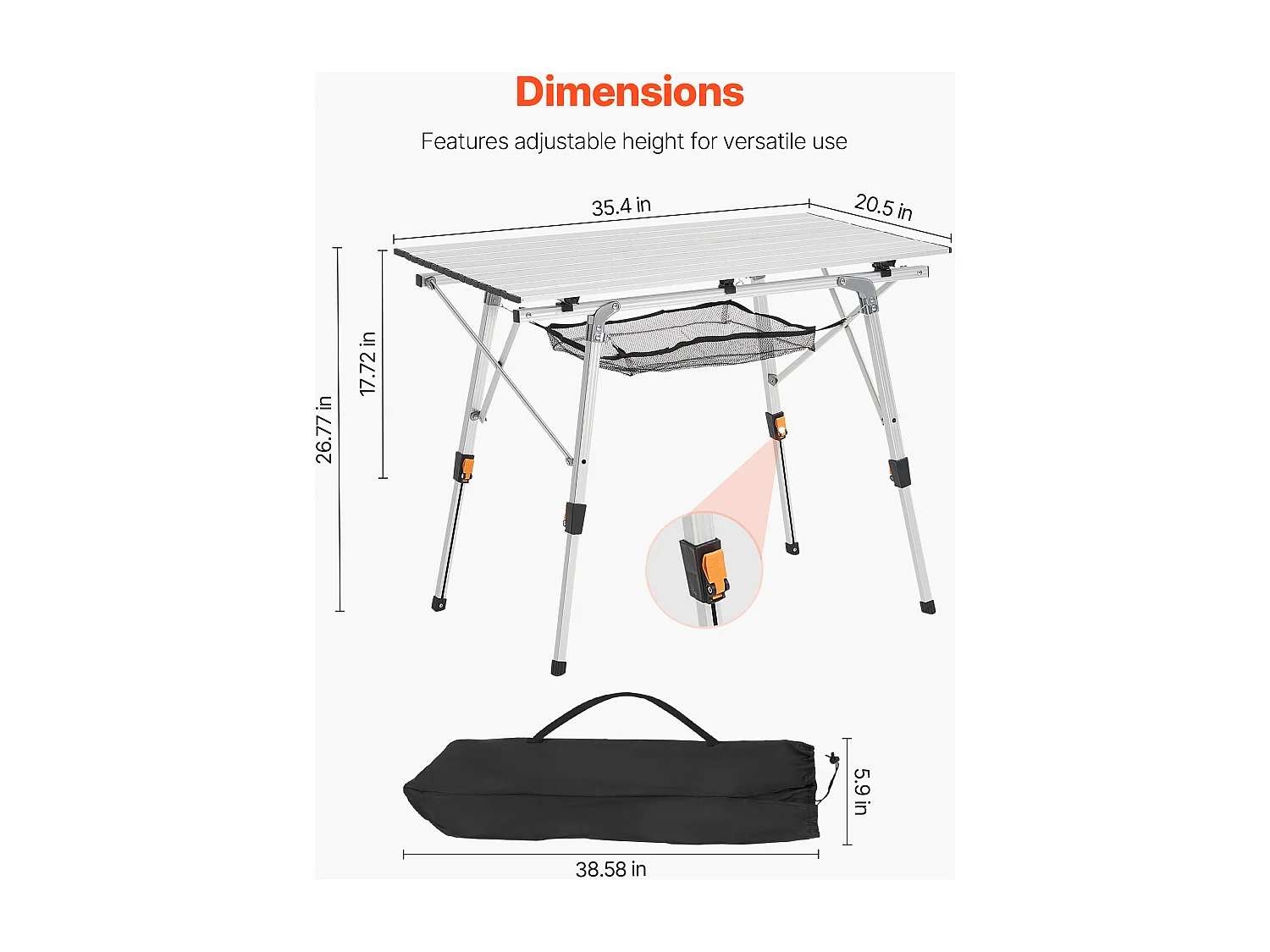 Stół Kempingowy SucceBuy Składany Zwijany 90x52 cm, Przenośny Stolik Boczny z Aluminium, z Regulowaną Wysokością, Warstwą Siatki i Torbą Transportową