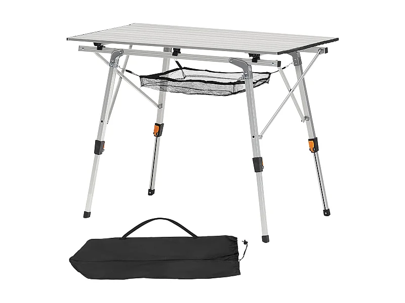 Table de Camping SucceBuy Pliante Enroulable 90x52 cm, Table d'Appoint Portable en Aluminium, avec Hauteur Réglable, Couche en Maille et Sac de Transport