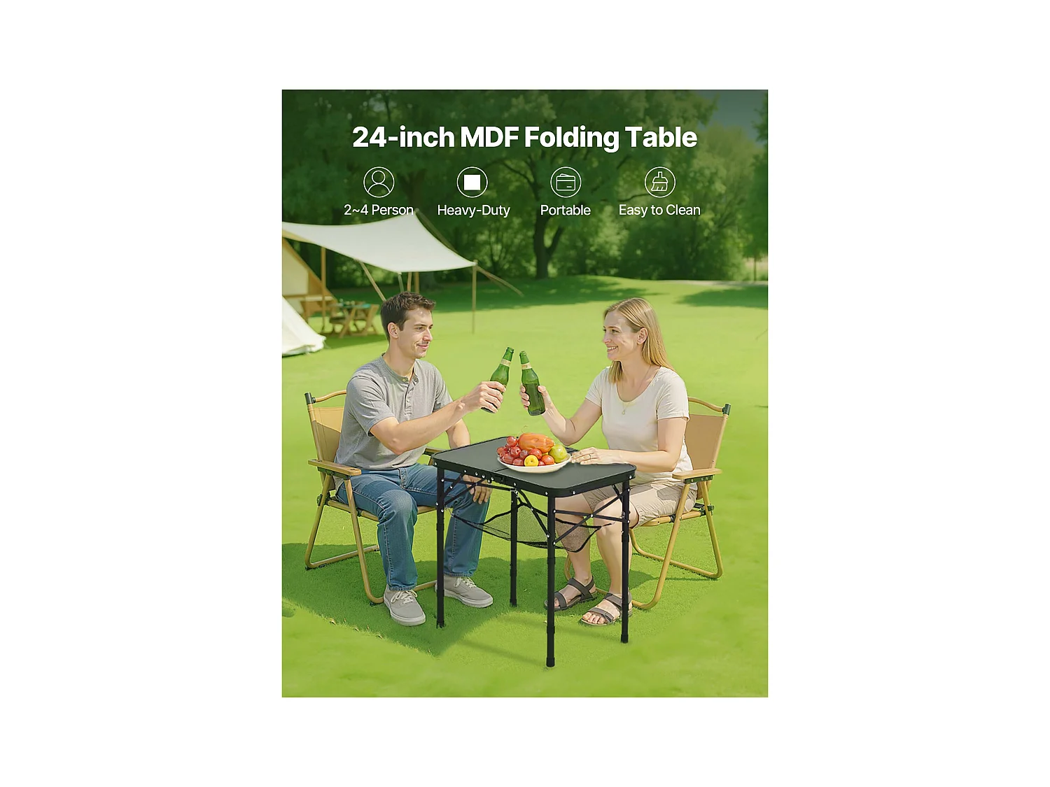 Table de Camping SucceBuy Pliante 60x40 cm, Table d'Appoint Portable Légère et Compacte, en Aluminium MDF, Hauteur Réglable, pour Pique-nique, Noir