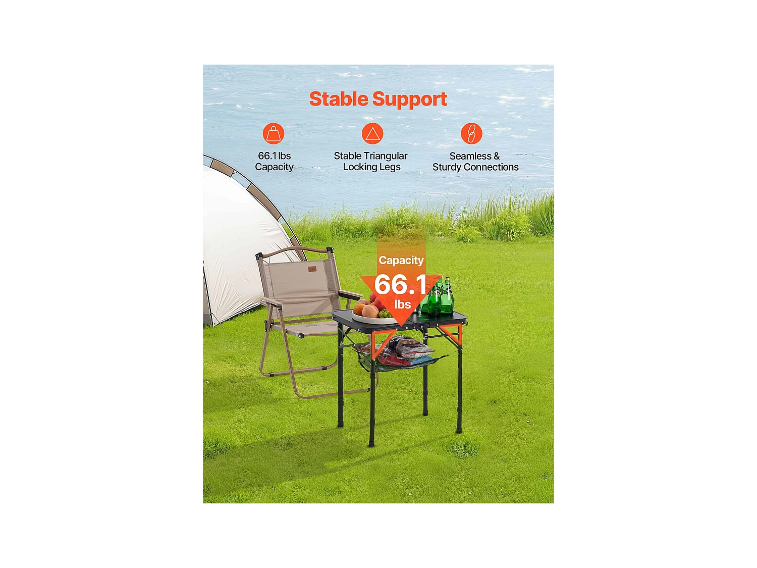 Table de Camping SucceBuy Pliante 60x40 cm, Table d'Appoint Portable Légère et Compacte, en Aluminium MDF, Hauteur Réglable, pour Pique-nique, Noir