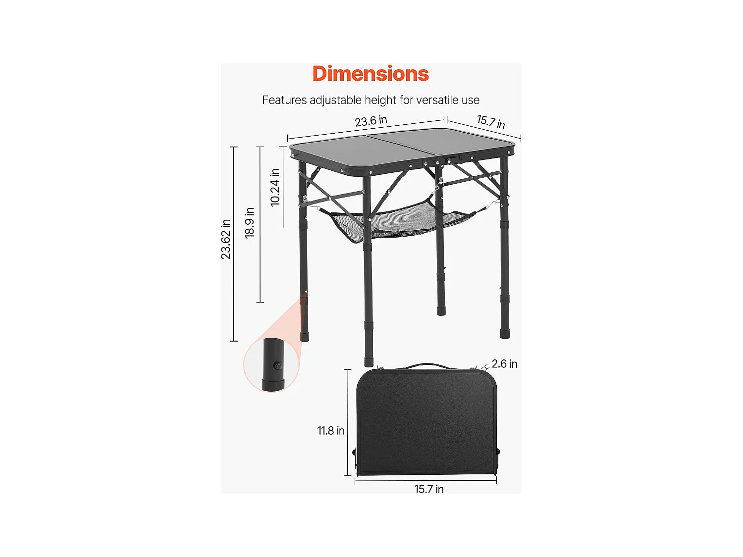Table de Camping SucceBuy Pliante 60x40 cm, Table d'Appoint Portable Légère et Compacte, en Aluminium MDF, Hauteur Réglable, pour Pique-nique, Noir