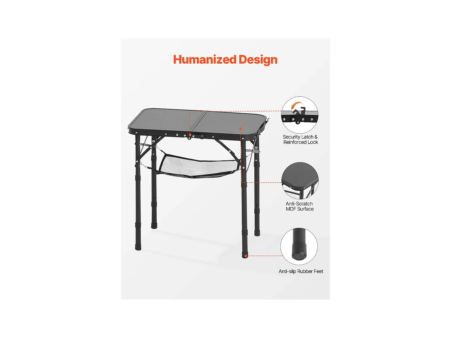 Table de Camping SucceBuy Pliante 60x40 cm, Table d'Appoint Portable Légère et Compacte, en Aluminium MDF, Hauteur Réglable, pour Pique-nique, Noir