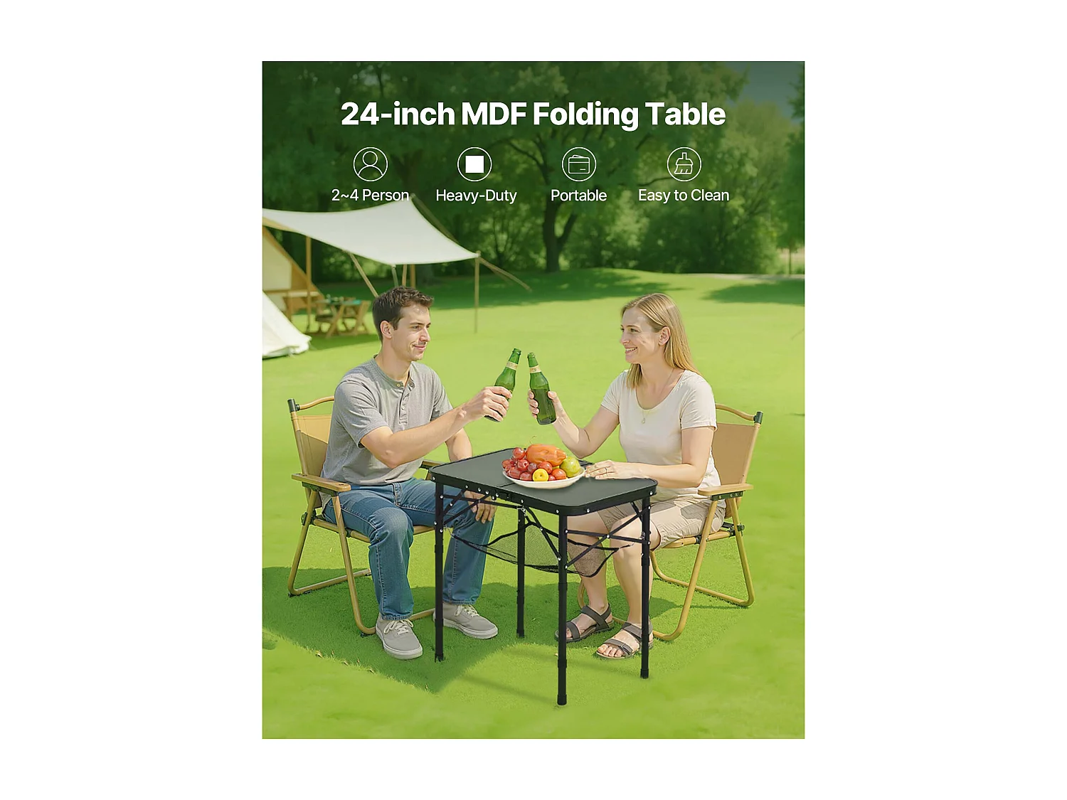 Table de Camping SucceBuy Pliante 60x40 cm, Table d'Appoint Portable Légère et Compacte, en Aluminium MDF, Hauteur Réglable, pour Pique-nique, Noir