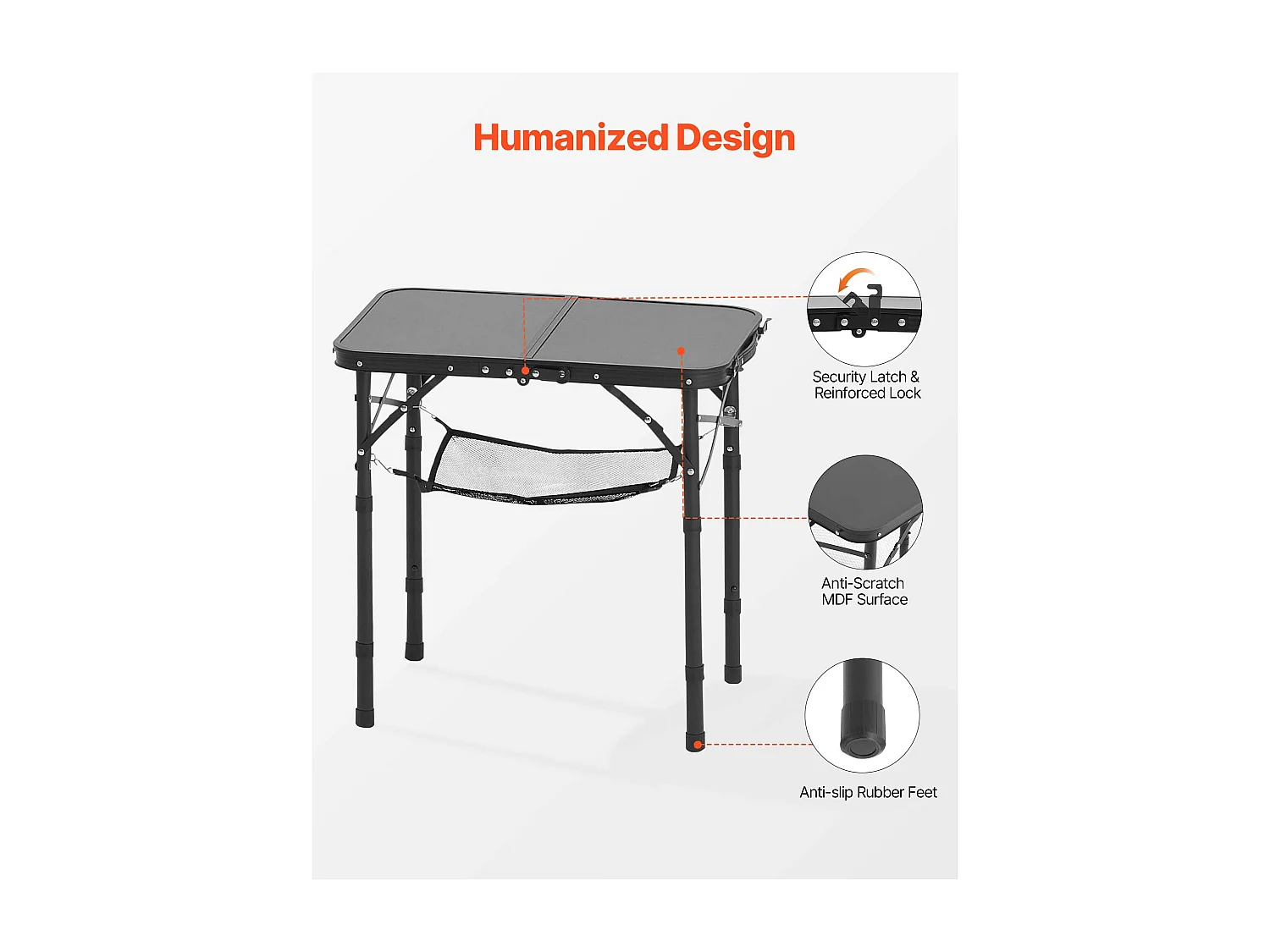 Table de Camping SucceBuy Pliante 60x40 cm, Table d'Appoint Portable Légère et Compacte, en Aluminium MDF, Hauteur Réglable, pour Pique-nique, Noir