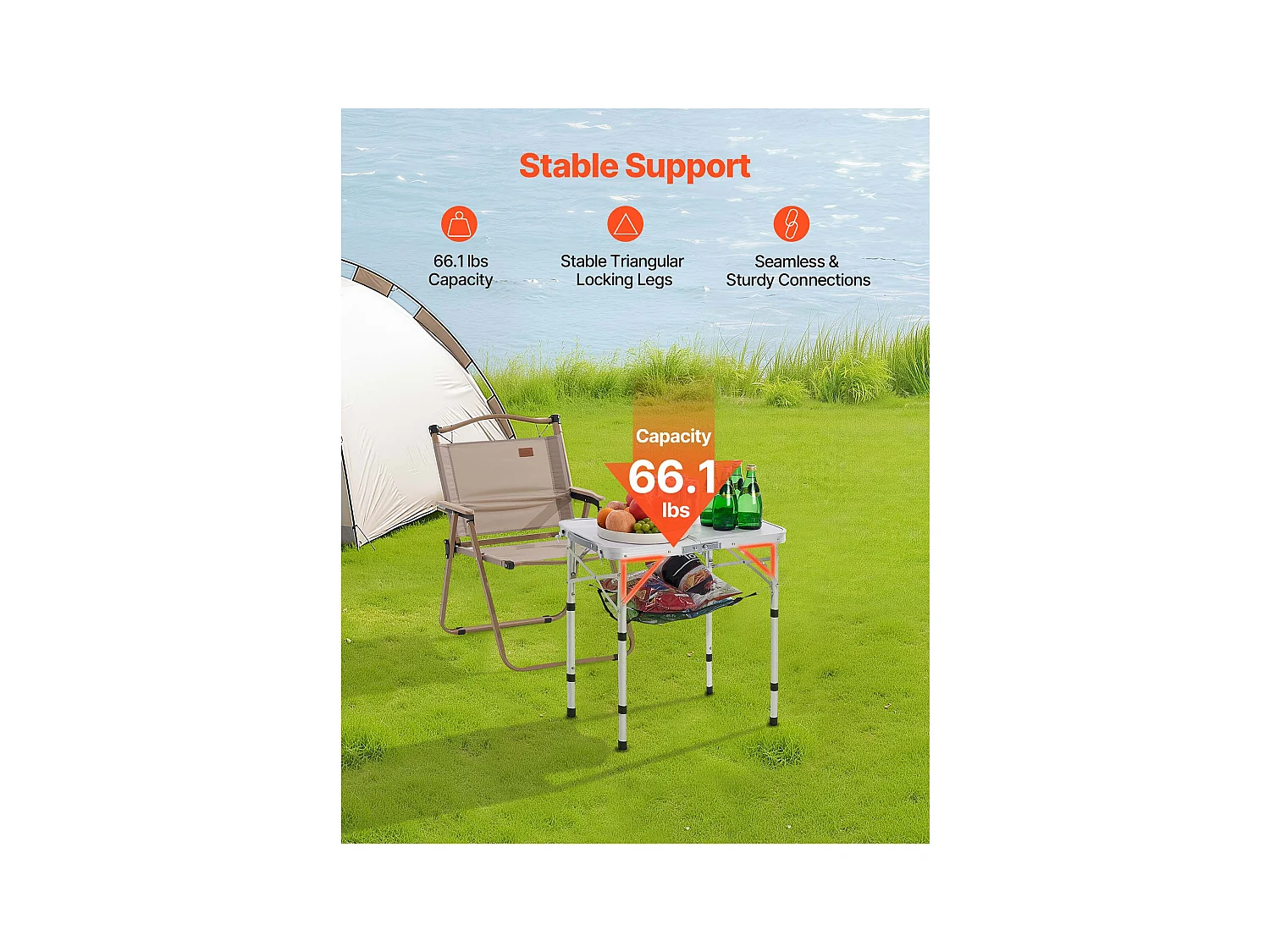 Table de Camping SucceBuy Pliante 60x40 cm, Table d'Appoint Portable Légère et Compacte, en Aluminium MDF, Hauteur Réglable, pour Pique-nique, Argent