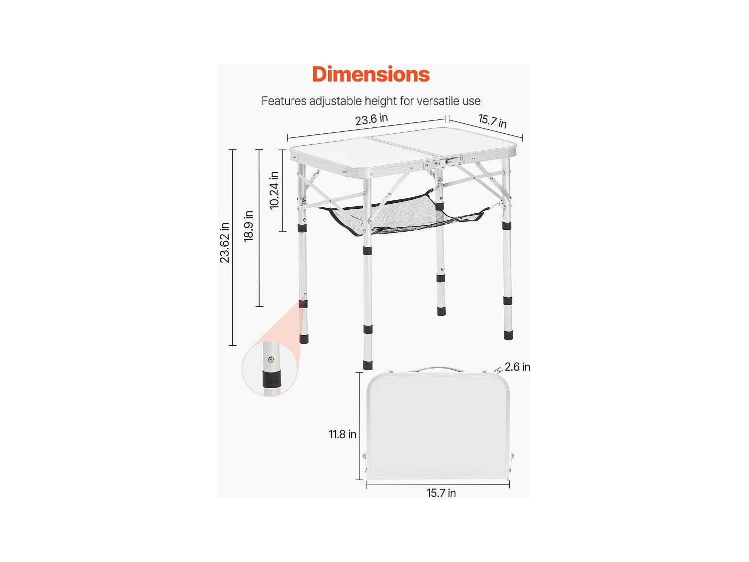 Table de Camping SucceBuy Pliante 60x40 cm, Table d'Appoint Portable Légère et Compacte, en Aluminium MDF, Hauteur Réglable, pour Pique-nique, Argent