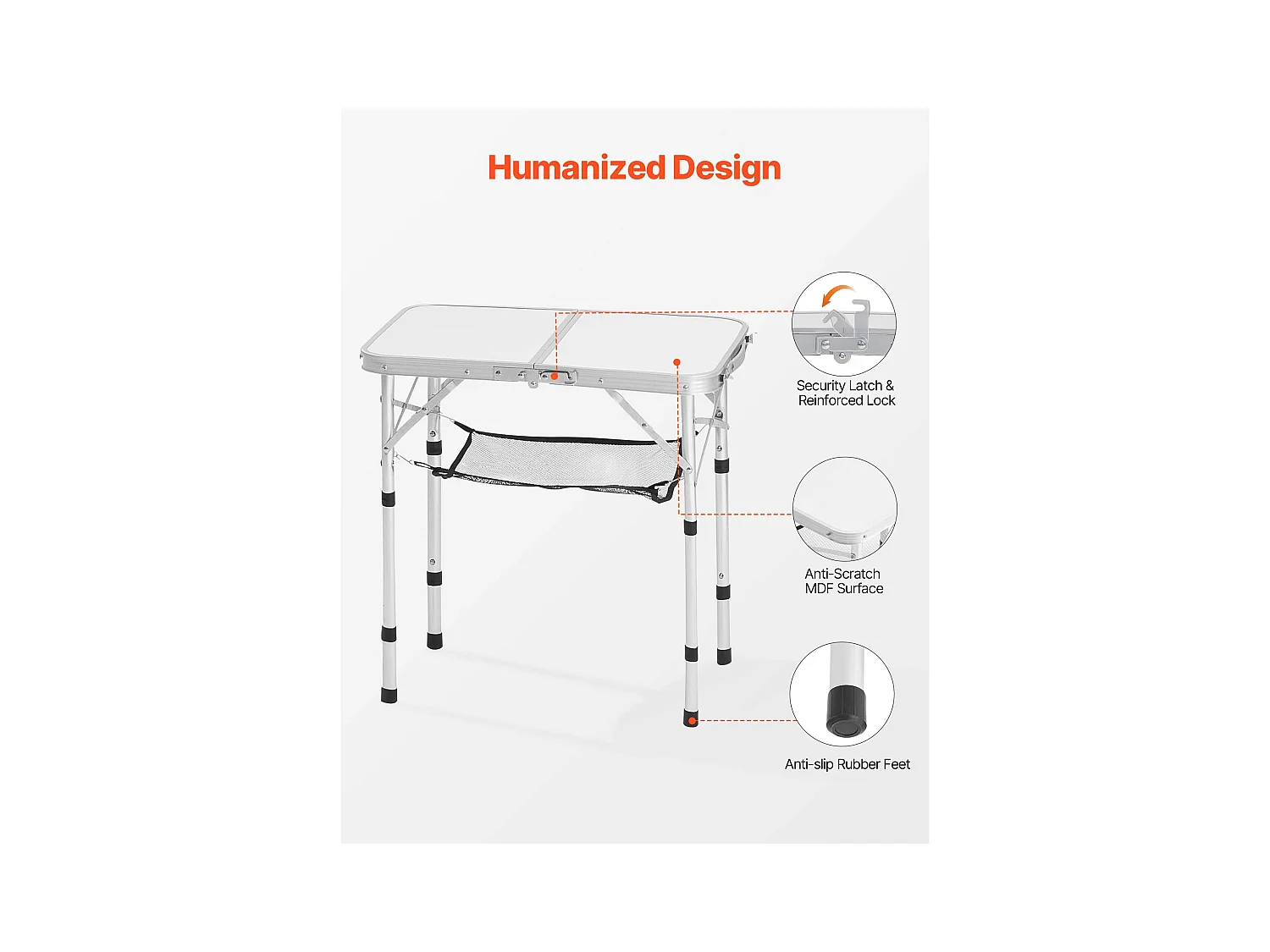 Table de Camping SucceBuy Pliante 60x40 cm, Table d'Appoint Portable Légère et Compacte, en Aluminium MDF, Hauteur Réglable, pour Pique-nique, Argent