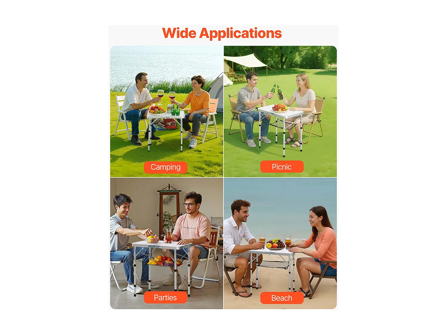 Stół Kempingowy SucceBuy Składany 60x40 cm, Lekki i Kompaktowy Przenośny Stolik Boczny, z Aluminium MDF, Wysokość Regulowana, na Piknik, Srebrny