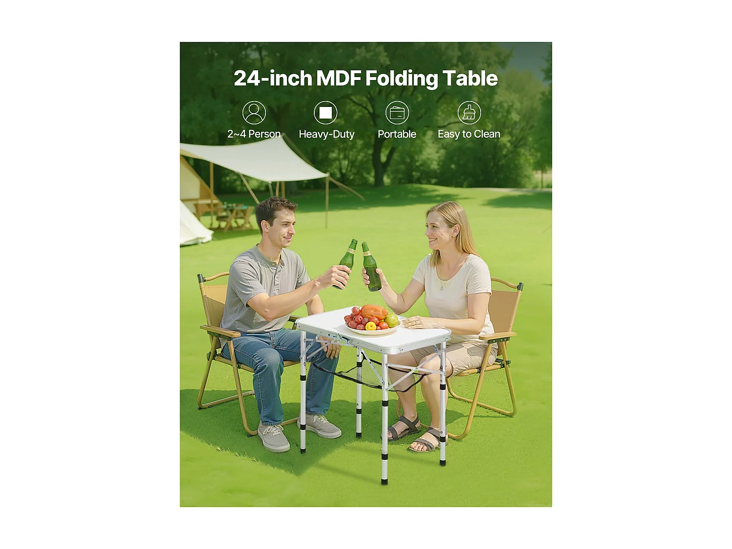 Stół Kempingowy SucceBuy Składany 60x40 cm, Lekki i Kompaktowy Przenośny Stolik Boczny, z Aluminium MDF, Wysokość Regulowana, na Piknik, Srebrny