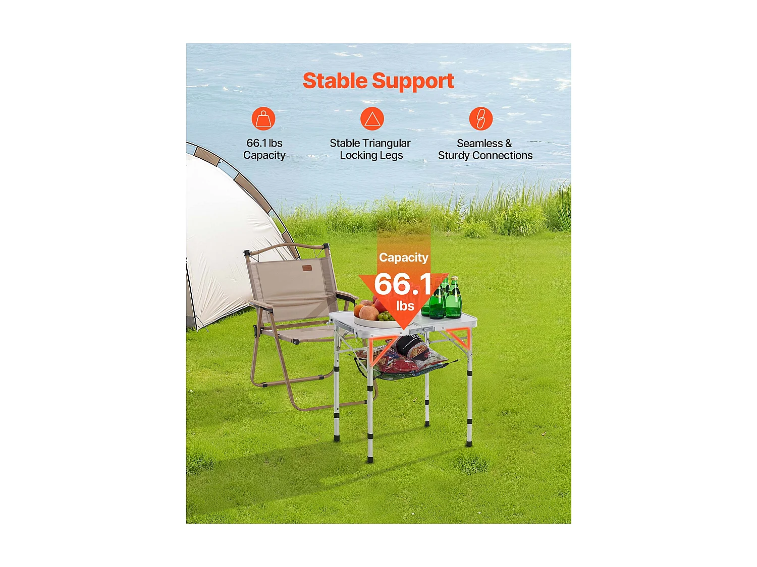 Stół Kempingowy SucceBuy Składany 60x40 cm, Lekki i Kompaktowy Przenośny Stolik Boczny, z Aluminium MDF, Wysokość Regulowana, na Piknik, Srebrny