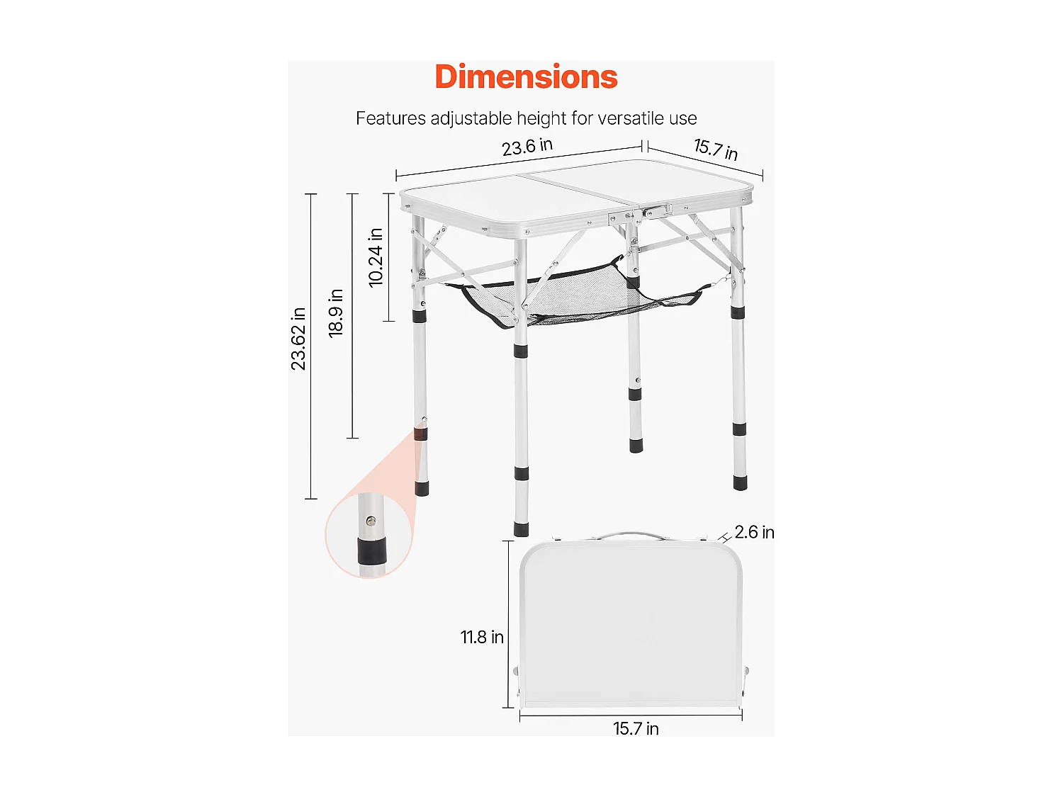 Stół Kempingowy SucceBuy Składany 60x40 cm, Lekki i Kompaktowy Przenośny Stolik Boczny, z Aluminium MDF, Wysokość Regulowana, na Piknik, Srebrny