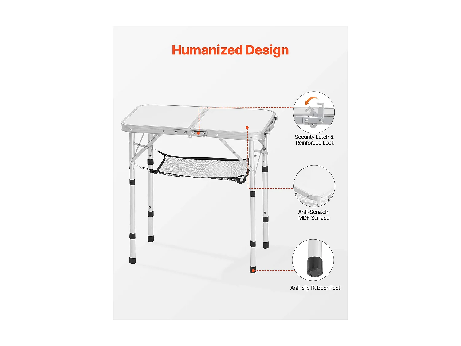 Stół Kempingowy SucceBuy Składany 60x40 cm, Lekki i Kompaktowy Przenośny Stolik Boczny, z Aluminium MDF, Wysokość Regulowana, na Piknik, Srebrny